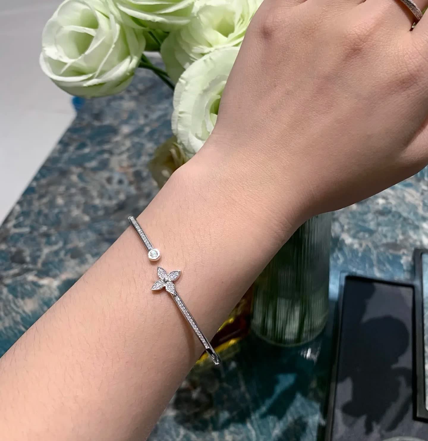 Louis Vuitton Silver Diamond Flower Cuff Bracelet